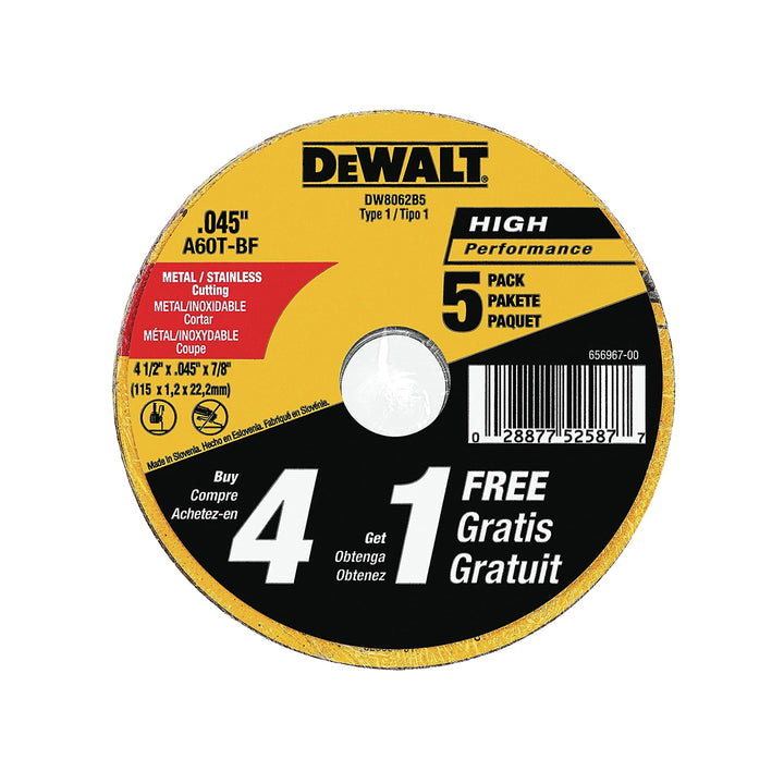 DEWALT Cutting Wheel, General Purpose Metal Cutting, 4-1/2-Inch, 5-Pack (DW8062B5)