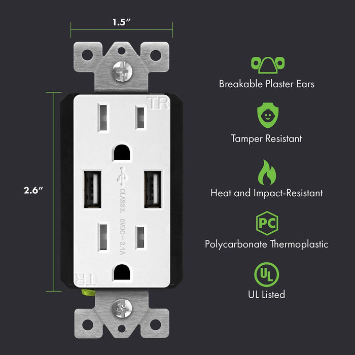 TOPGREENER 3.1A USB Outlet, USB Wall Outlet, 15A TR Receptacle 2-Pack, White