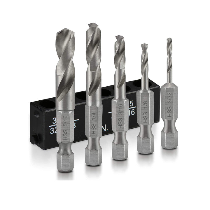 NEIKO 11402A Stubby Drill Bit Set for Metal, 5 Piece | 1/4 Inch Quick Change Hex Shank | M2 HSS Steel