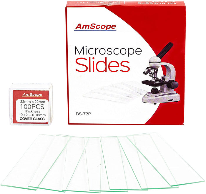 AmScope BS-72P-100S-22 72 Pieces of Pre-Cleaned Blank Microscope Slides and 100 Pieces of 22x22mm Square Coverslips Cover Glass