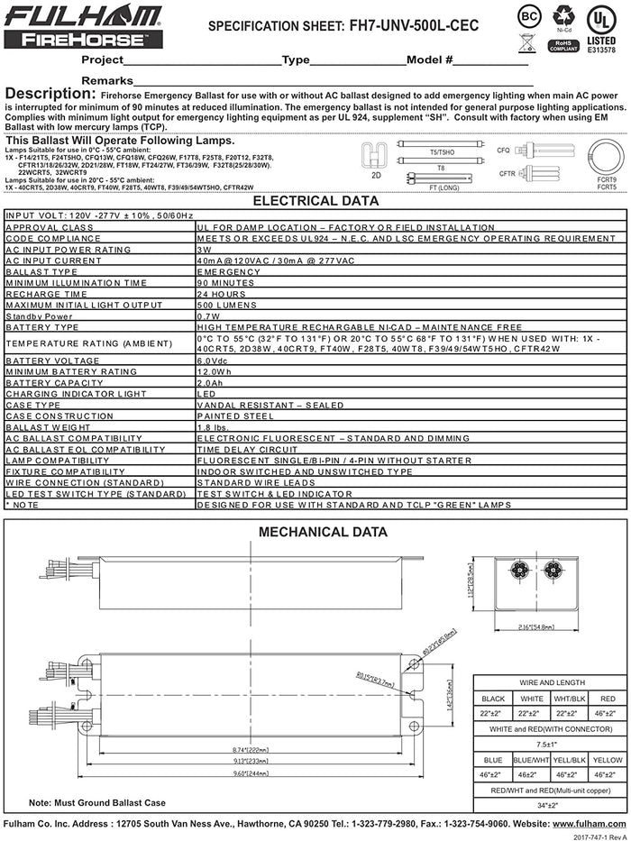 Fulham Lighting FH7-UNV-500L-CEC FireHorse 7-Emergency Ballast-Universal Voltage-500 Initial Lumen Output